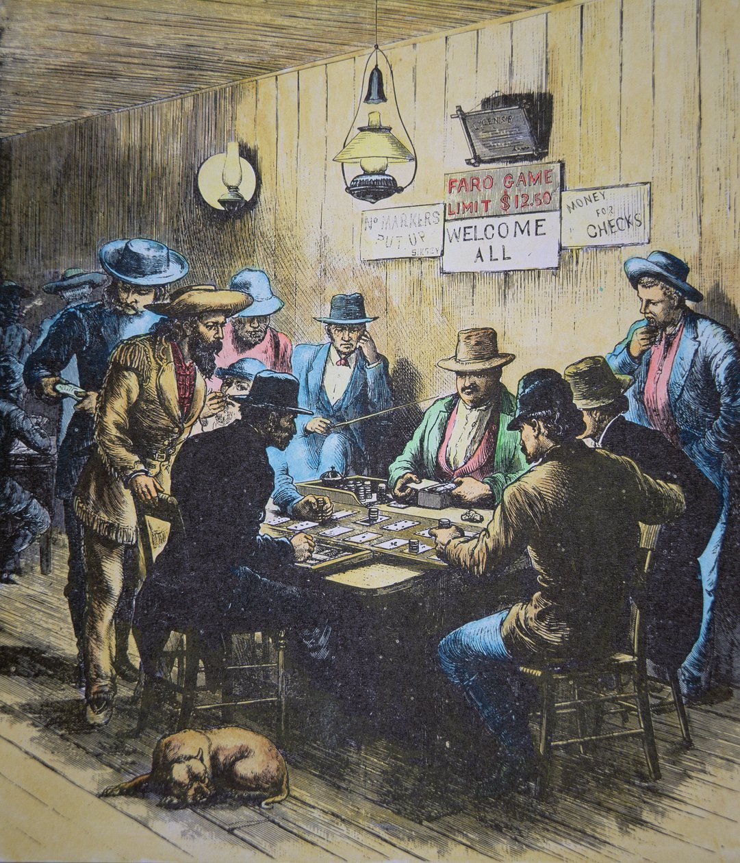 Tocar Faro num salão em Cheyenne, Wyoming, c.1870 (gravação a cores) de American School