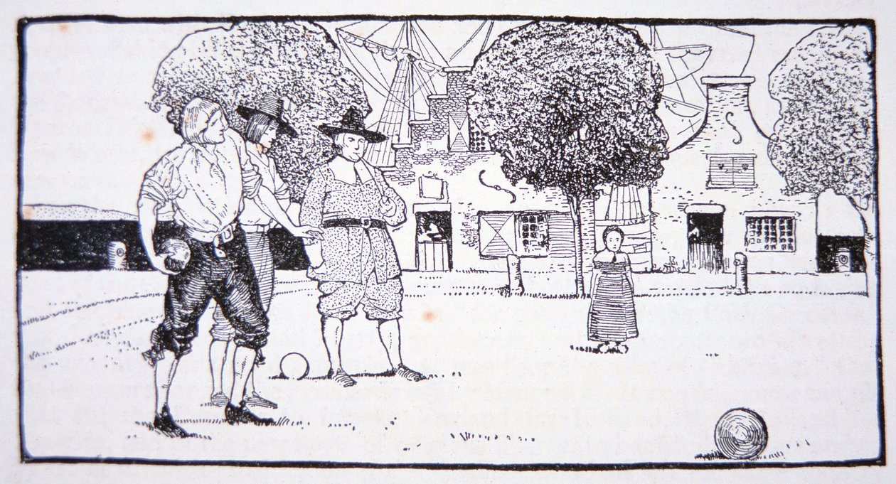Jogar bowls em New Amsterdam no século 17 (litho) de American School
