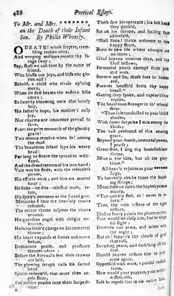 Poema escrito a um casal sobre a morte de seu filho por Phillis Wheatly, publicado na Boston Magazine, 1783-84 (impressão) de American School