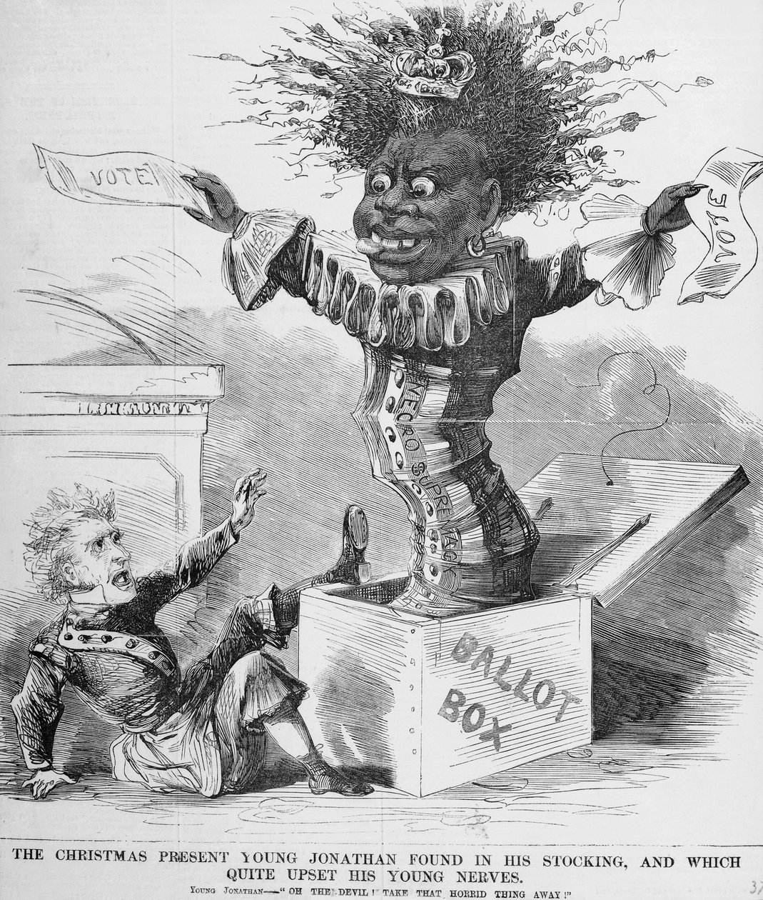 Cartum político mostrando o presidente Andrew Jackson (1767-1845) assustado com a perspectiva do voto negro na América de American School