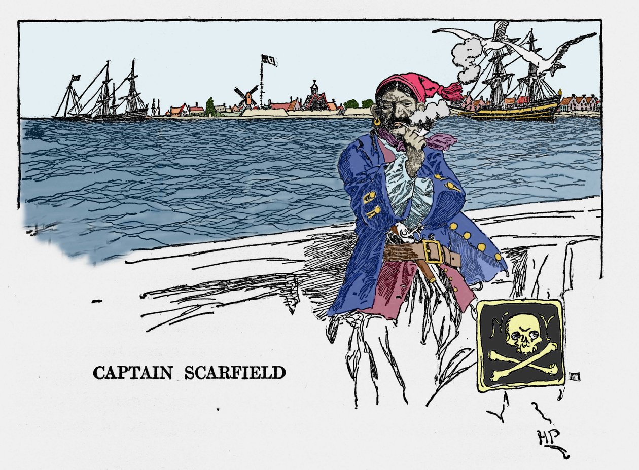 Retrato do Capitão Scarfield: "Livro dos piratas Buccaneers e Marooners of the Spanish Main" de Howard Pyle (1853 - 1911), ilustrador americano. 1887. de American School