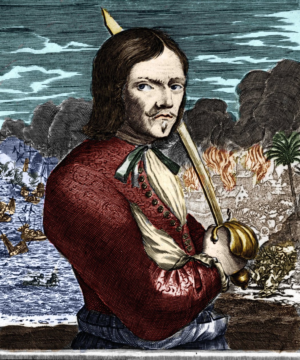 Retrato de Francis Lolonois (ou L&39;Ollonois) também denomina Jean-David (Jean David) Nau (1630-1671). Gravura de “Bucaniers of America” ”. de American School