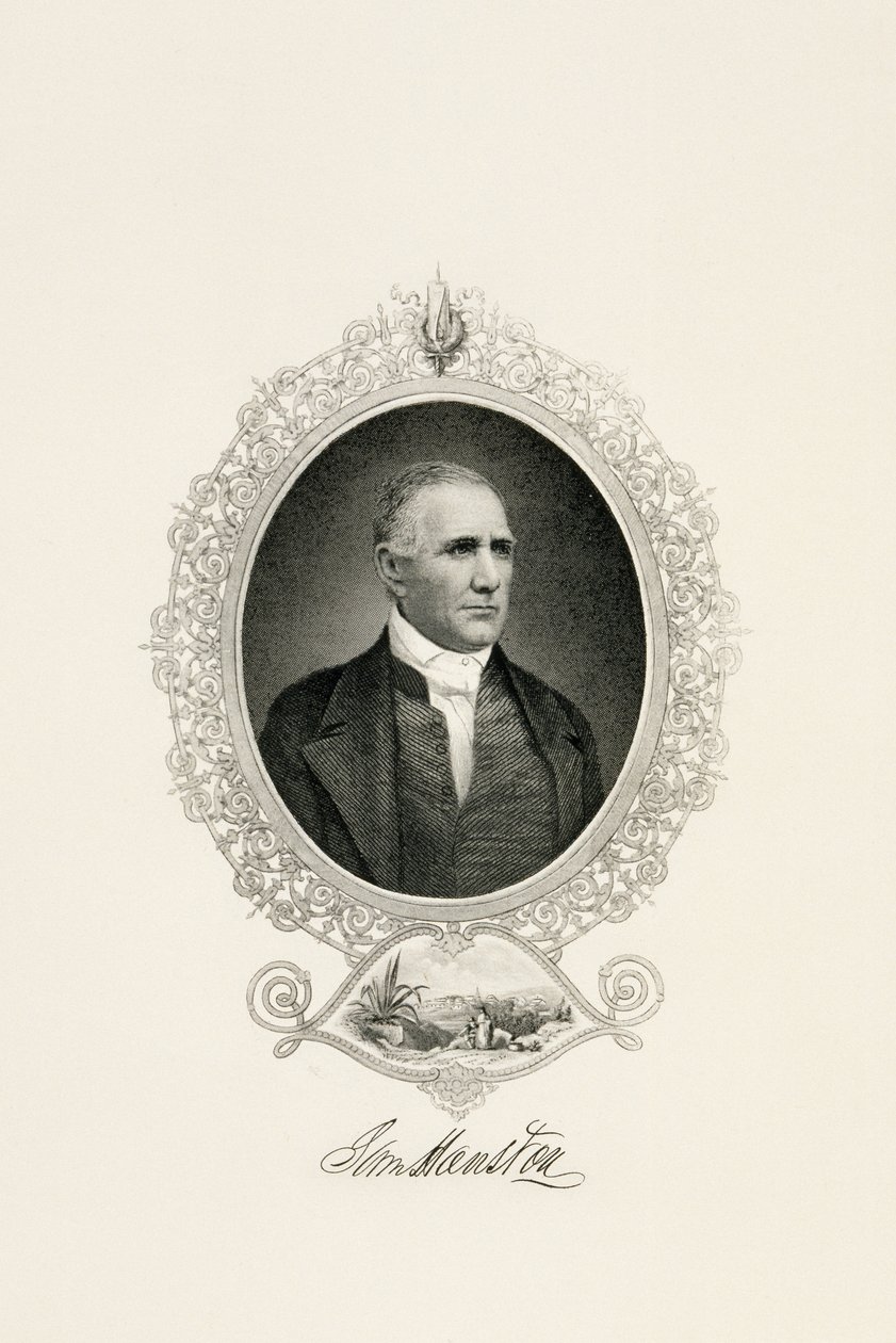 Retrato de Sam Houston com Vista da Cidade, c. 1855-c. 1860 (gravura com face de aço em papel tecido) de American School