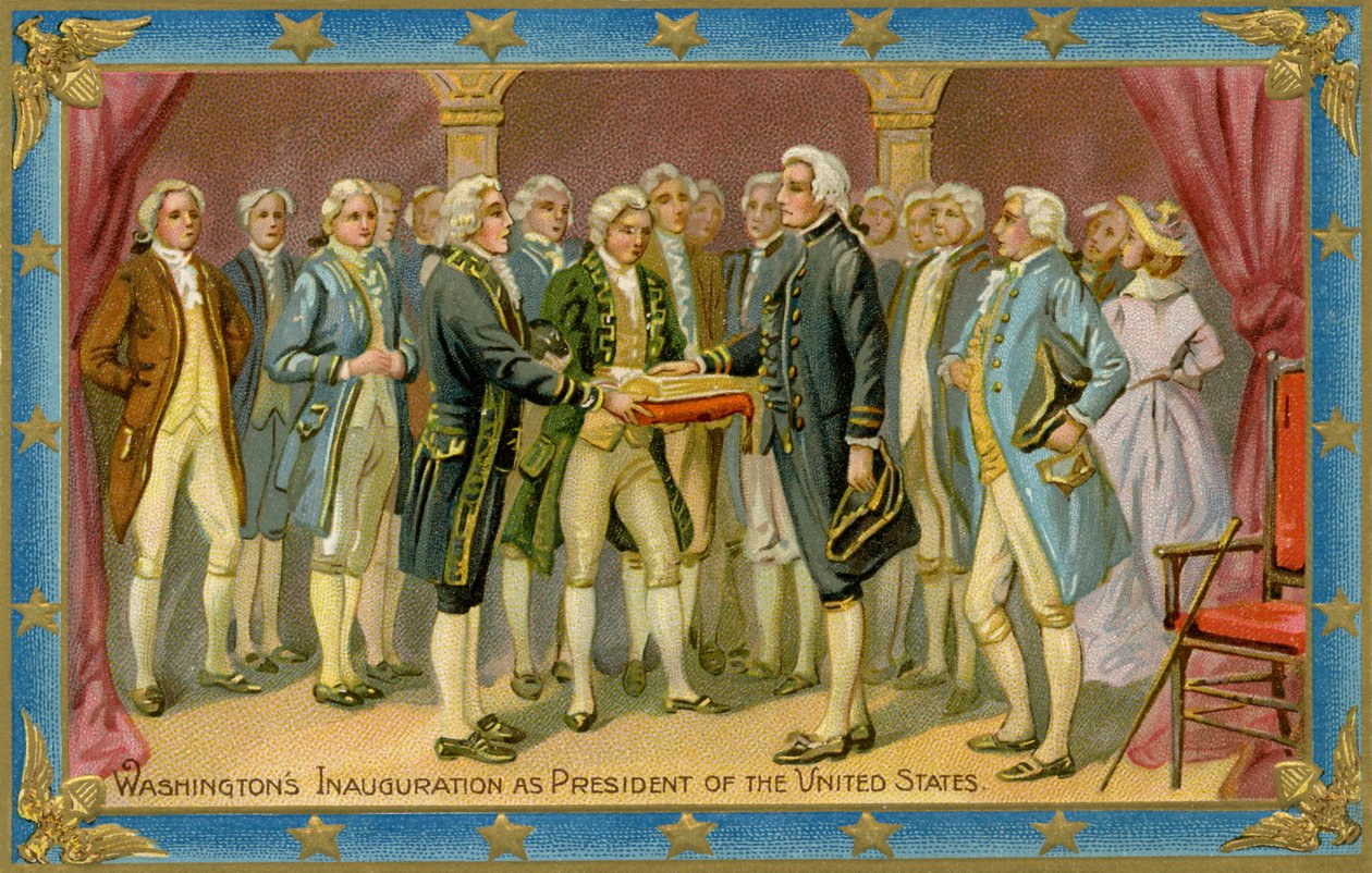 Postal que representa a tomada de posse presidencial de George Washington (impressão) de American School