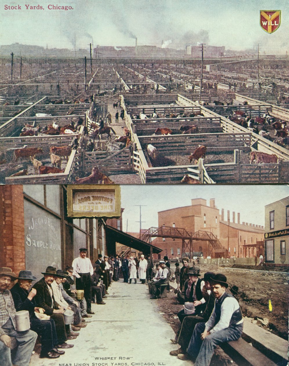Postal retratando os estaleiros e matadouros de Chicago e trabalhadores com baldes de almoço em seu intervalo em Whiskey Row, c.1910 (foto colorida) de American School