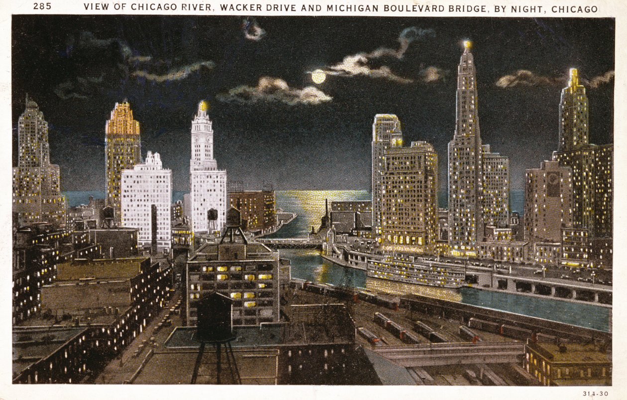 Postal de Chicago à noite, c.1930 de American School