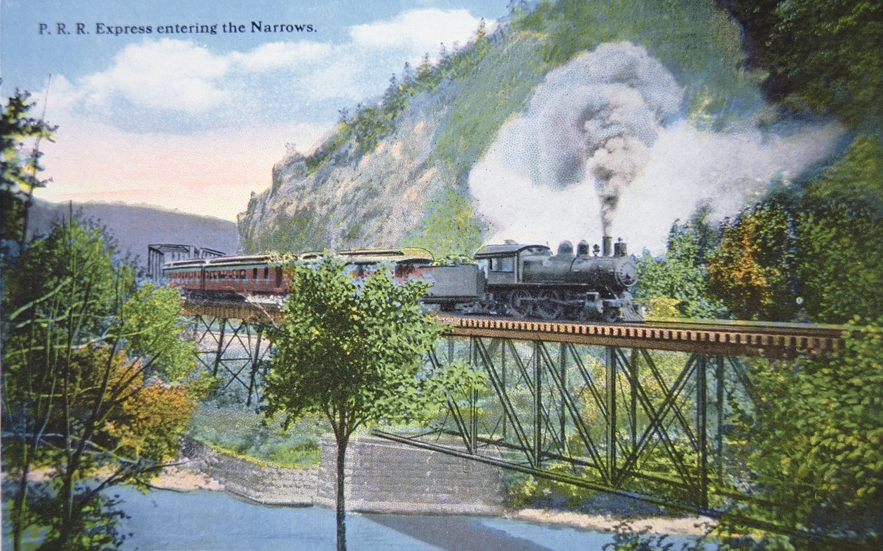 Postcard of a Pennsylvania Railroad Express entering the Narrows at Cumberland, Maryland, c.1910 (cor litho) de American School