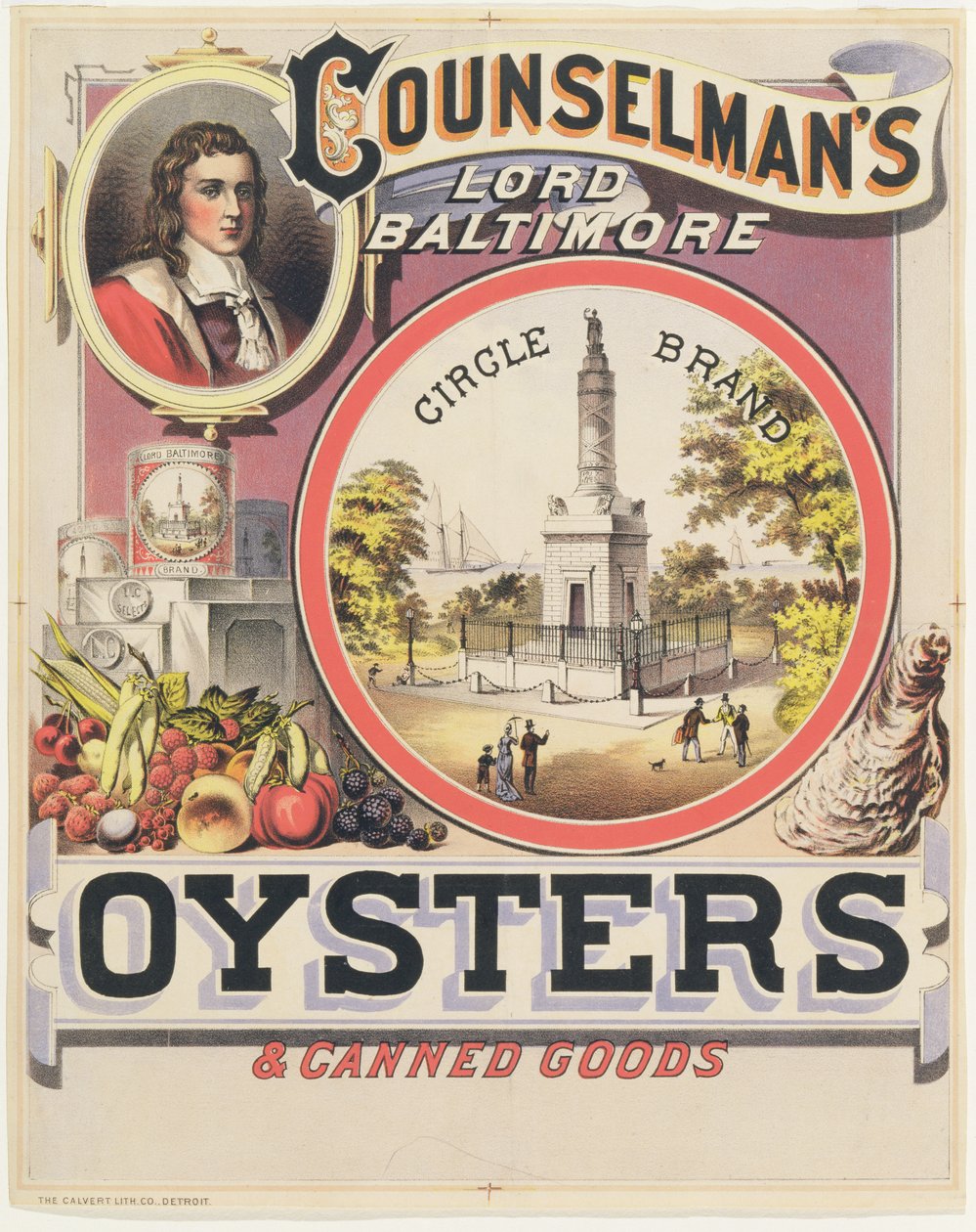 Cartaz publicitário Counselmans Lord Baltimore Circle Ostras e produtos enlatados de American School