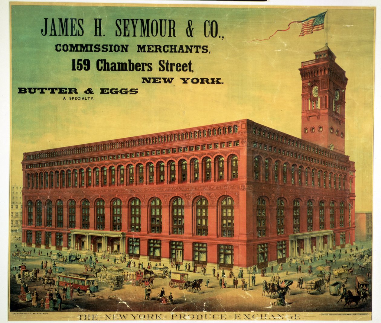 Cartaz publicitário James H. Seymour & Co. Comerciantes da Comissão na New York Produce Exchange, gravado por Sacket, Wilhelms e Betzig, c.1885 de American School