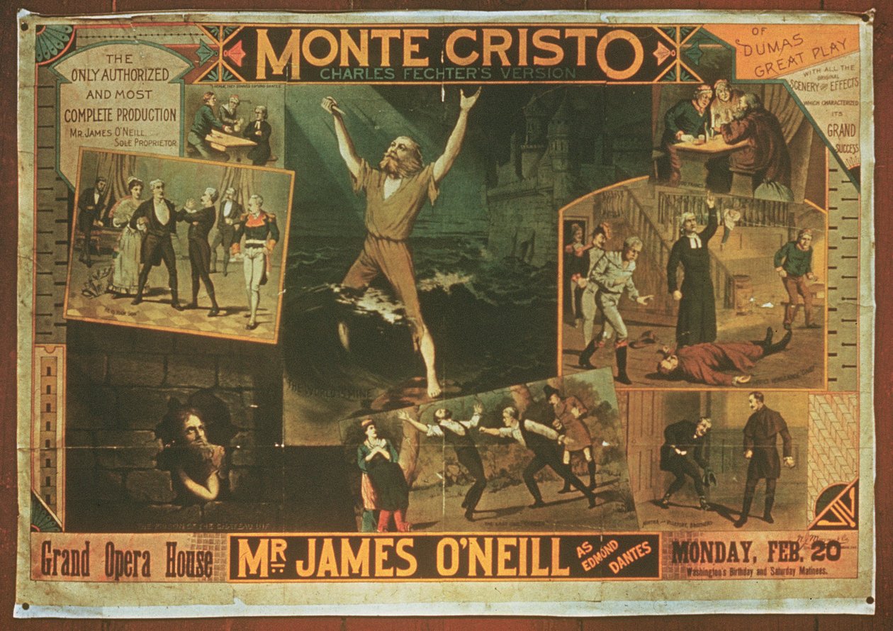Cartaz publicitário Sr. James ONeill como Edmond Dantes, na versão de Charles Fichter de O Conde de Monte Cristo de American School