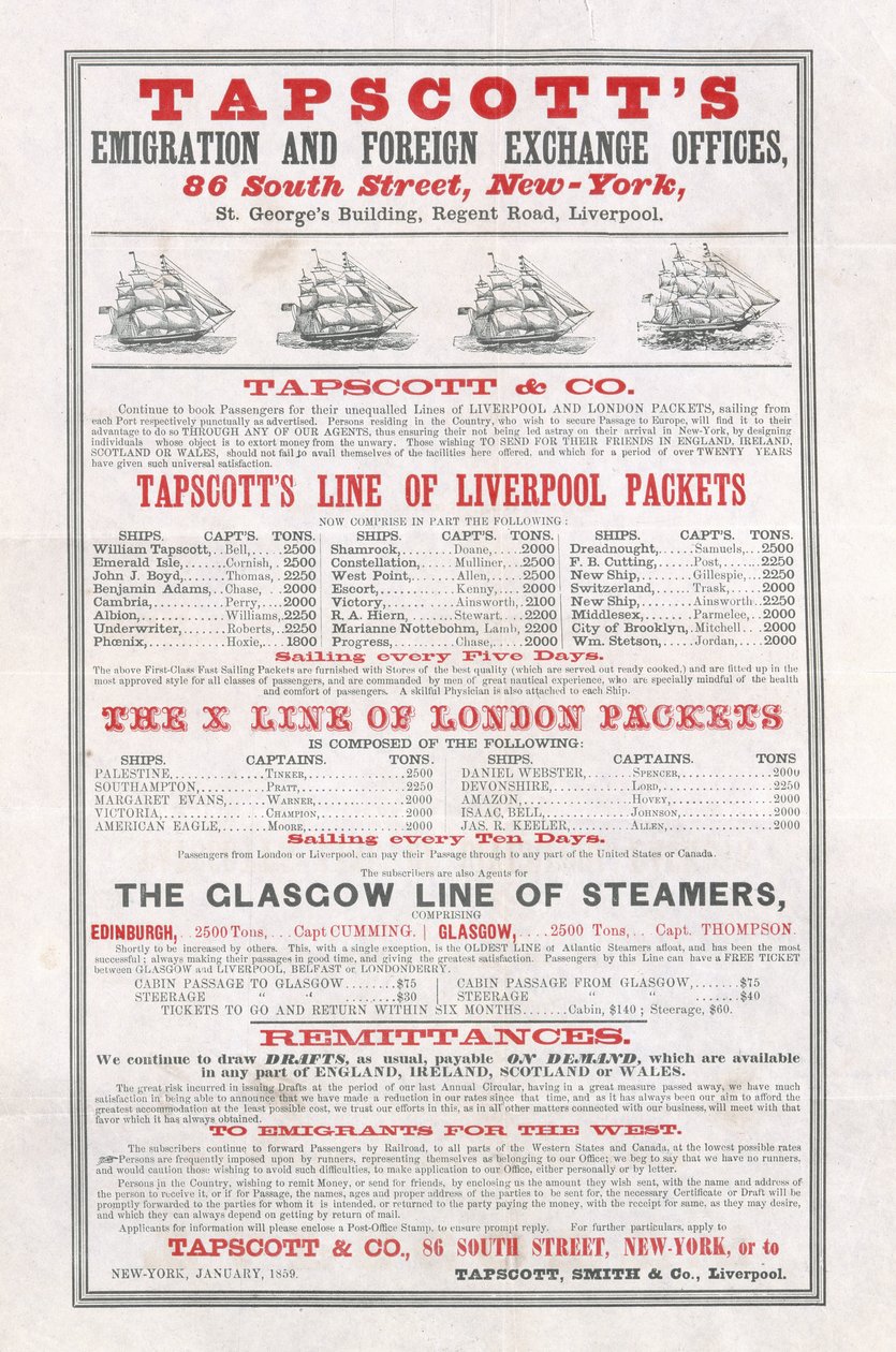 Cartaz publicitário Tapscotts Escritórios de Emigração e Câmbio, Nova York, janeiro de 1859 de American School