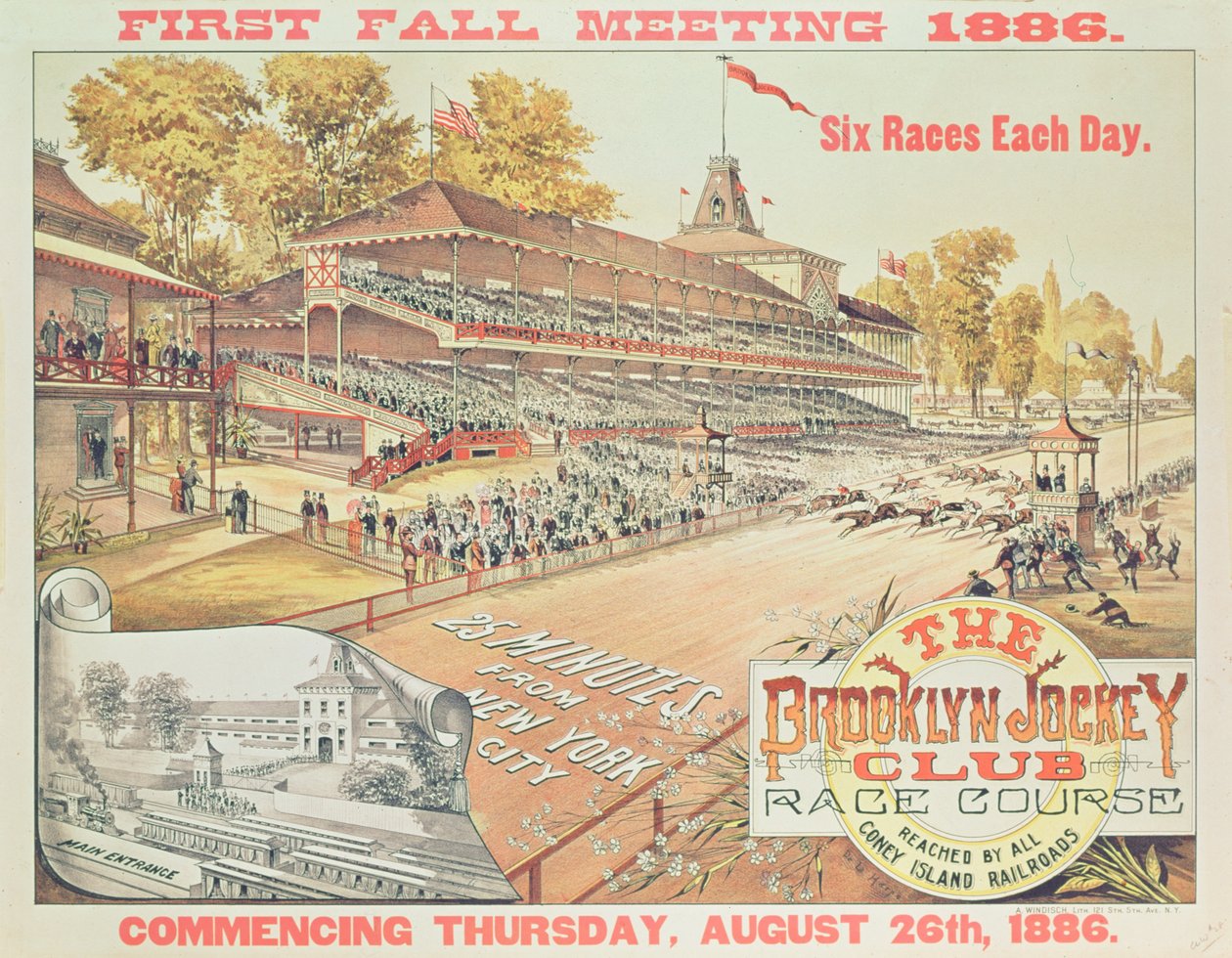 Propaganda de cartaz o curso da raça do clube do jóquei de Brooklyn, 1886 de American School