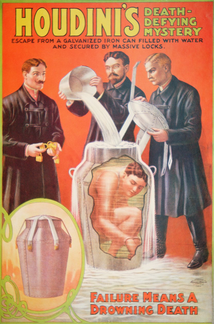 Cartaz publicitando um novo ato de Houdini (cor litho) de American School
