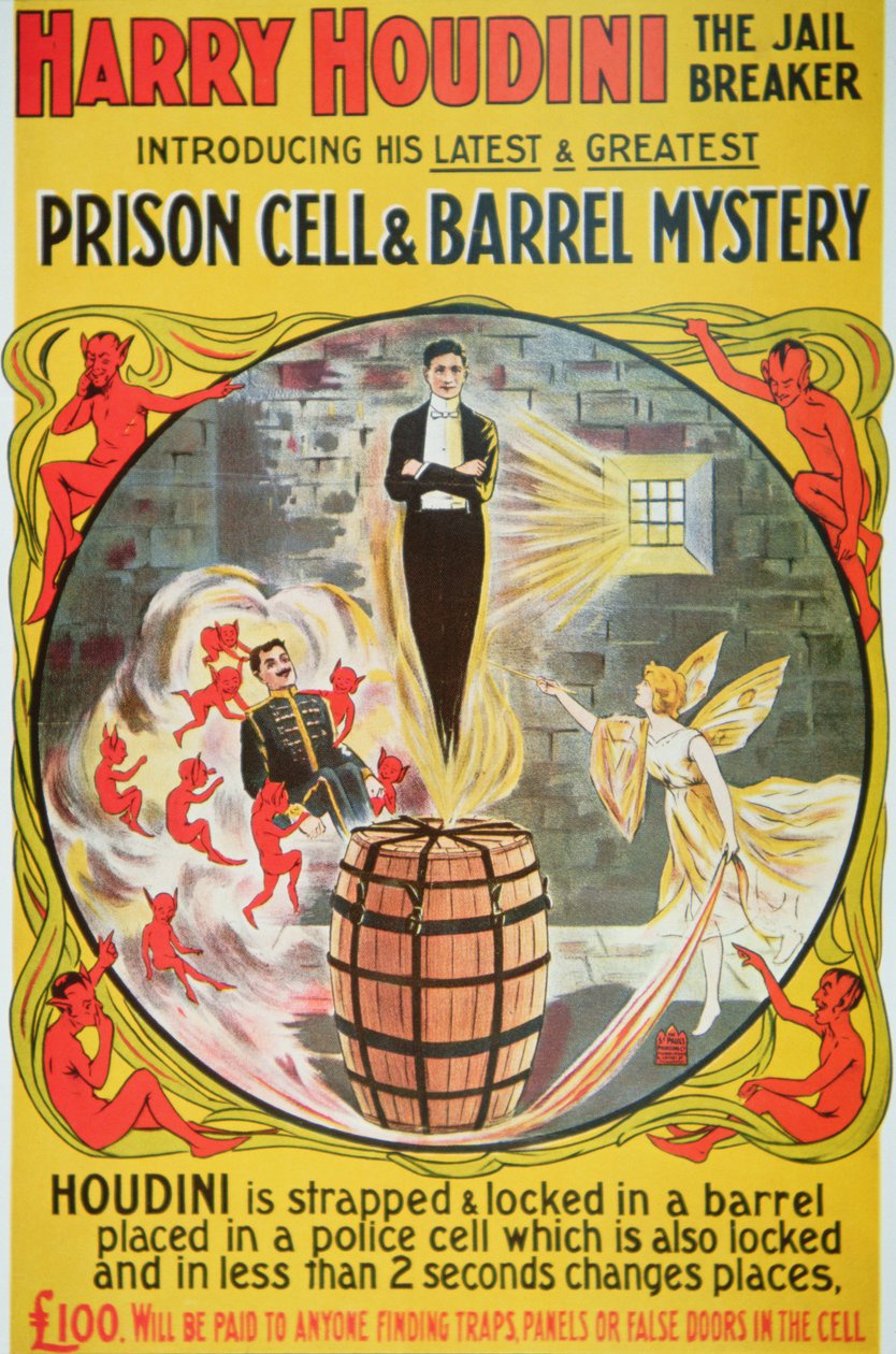 Cartaz publicitando um novo ato de Houdini (cor litho) de American School