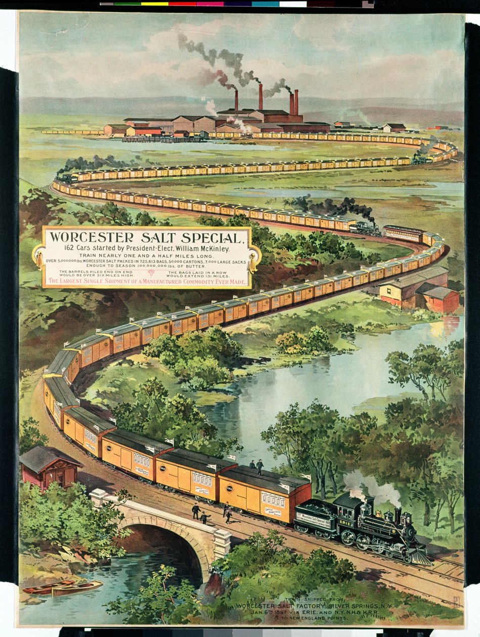 Cartaz publicitário do Sal especial de Worcester, 162 carros iniciados pelo presidente eleito McKinley, 1897 de American School