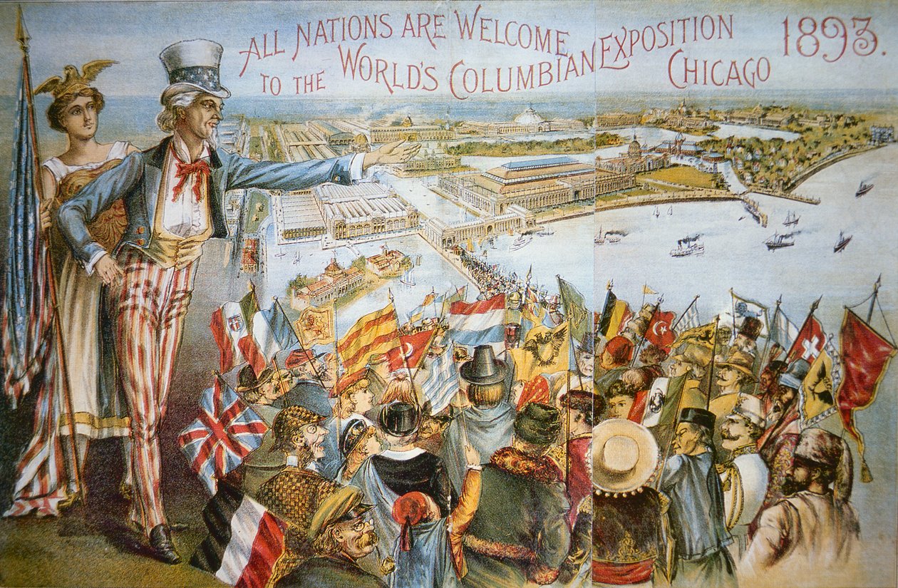 Cartaz publicitário da Exposição Mundial da Colômbia, Chicago 1893 (cor litho) de American School