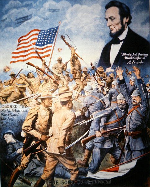 Poster celebrando o heroísmo dos soldados afro-americanos na Primeira Guerra Mundial (cor litho) de American School