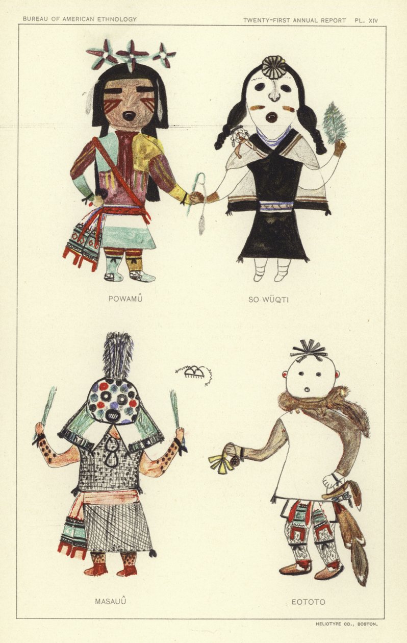 Powamu, So Wuqti, Masauu, Eototo (litografia a cores) de American School
