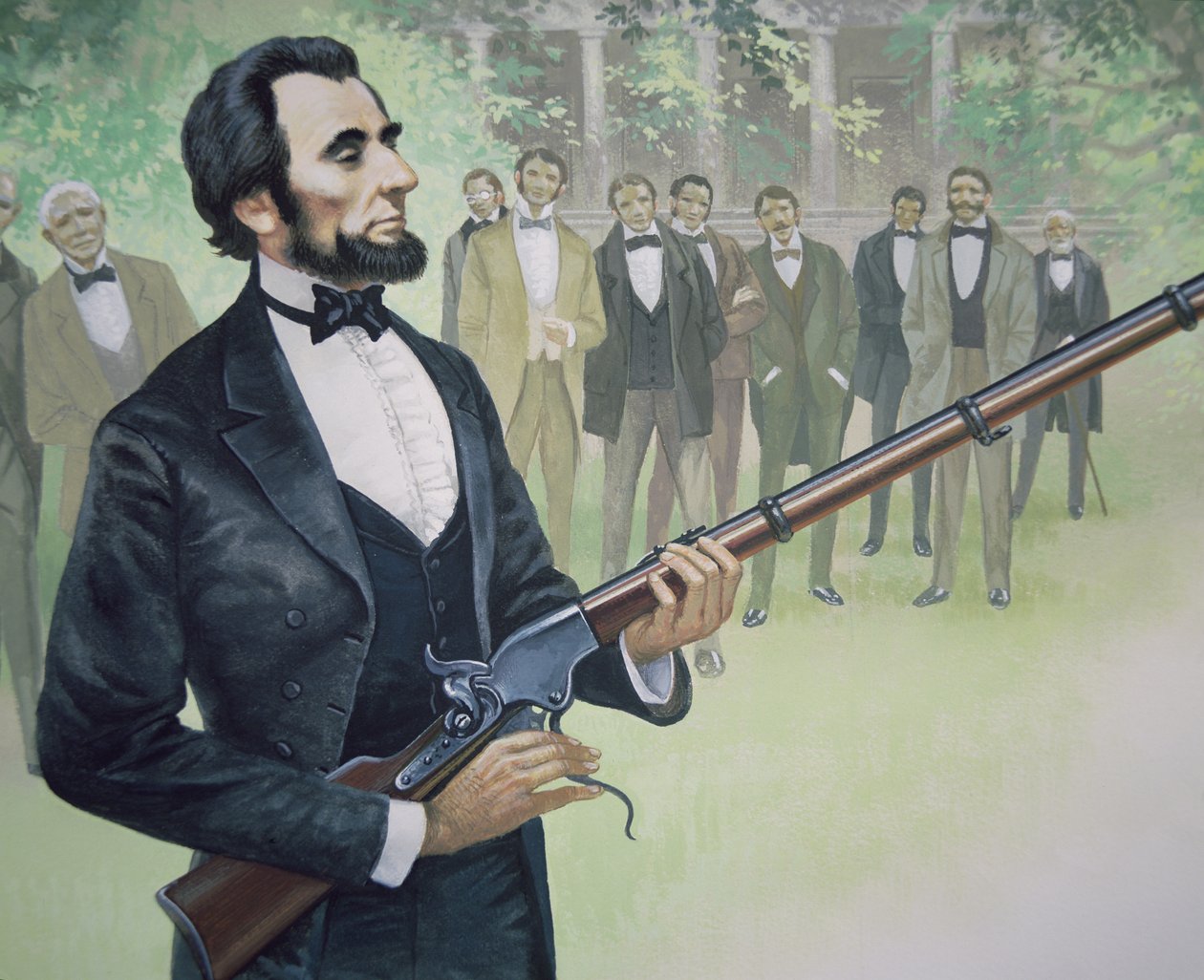 O Presidente Abraham Lincoln testou o rifle de sete tiros da Spencer em agosto de 1863 (cor litho) de American School