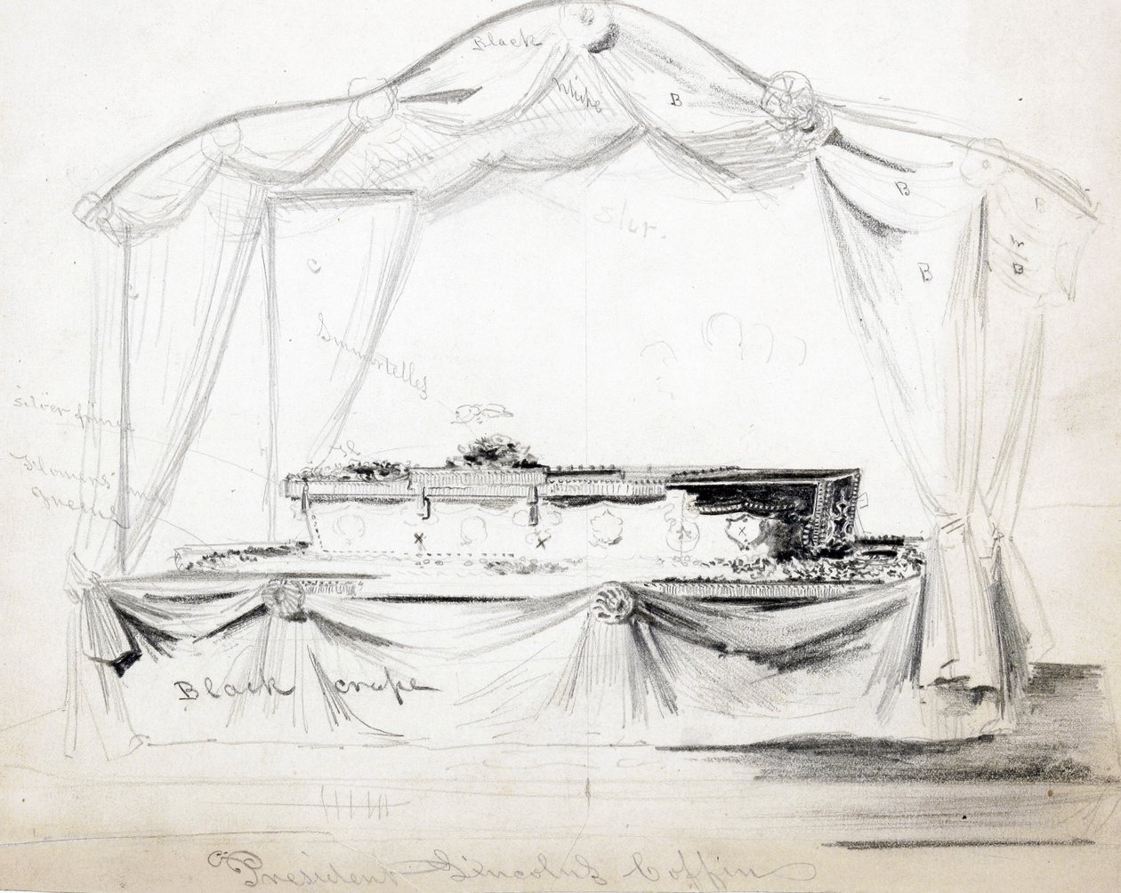 Presidente Abraham Lincolns Coffin Deitado no Estado na Casa Branca, Washington DC, abril de 1865 (lápis, tinta e papel) de American School