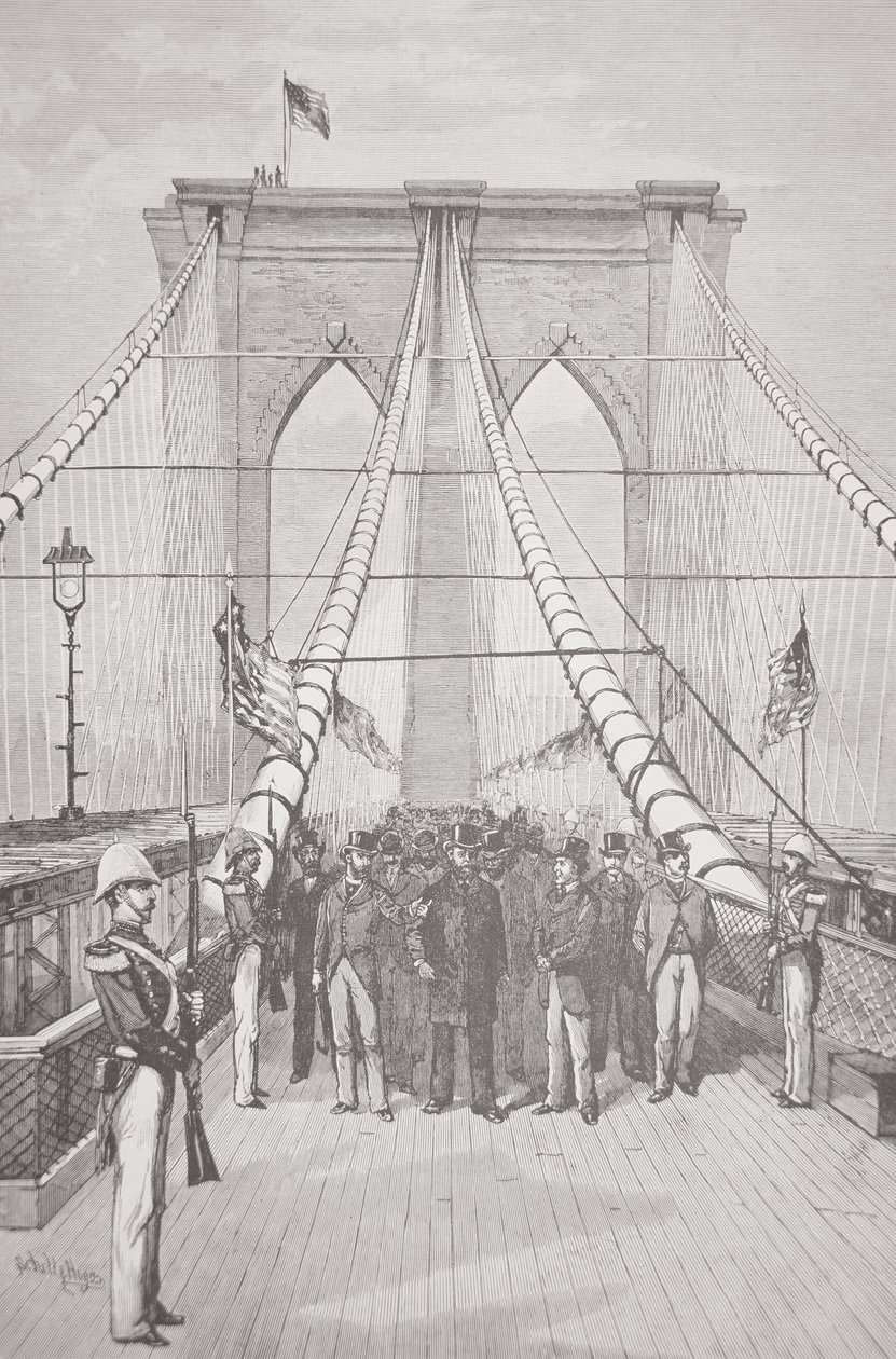 O Presidente Chester A. Arthur na cerimónia de abertura da nova Ponte do Brooklyn, 24 de Maio de 1883 (litho) de American School