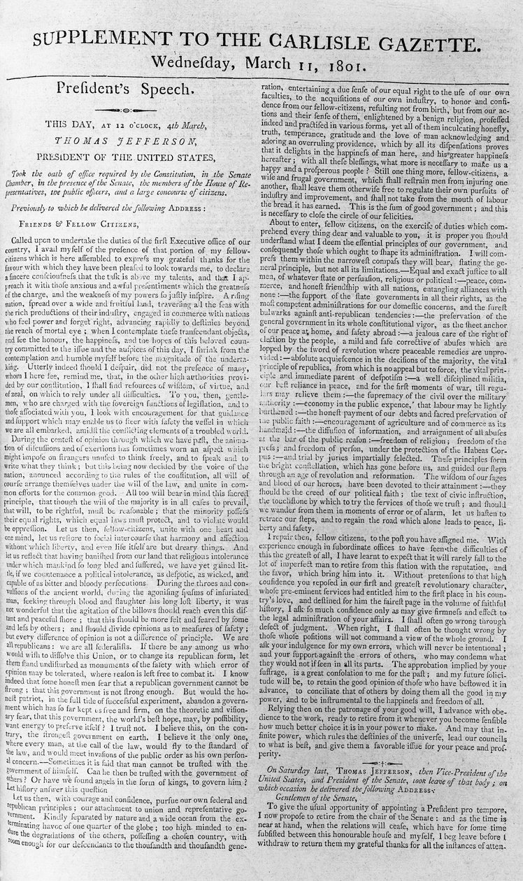 Discurso inaugural do Presidente Jefferson, suplemento ao Carlisle Gazette, 11 de março de 1801 de American School
