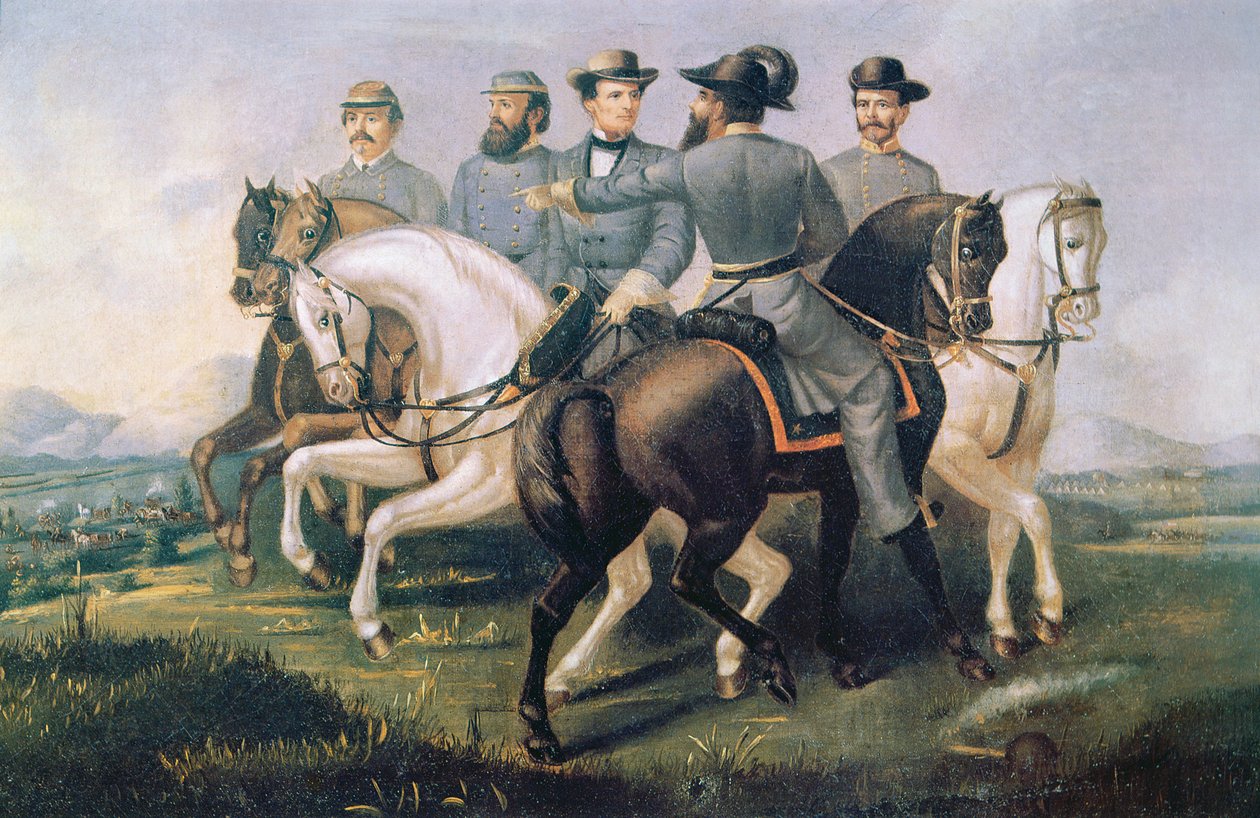 Presidente dos Estados Confederados durante a Guerra Civil Americana, com os seus generais (petróleo sobre tela) de American School
