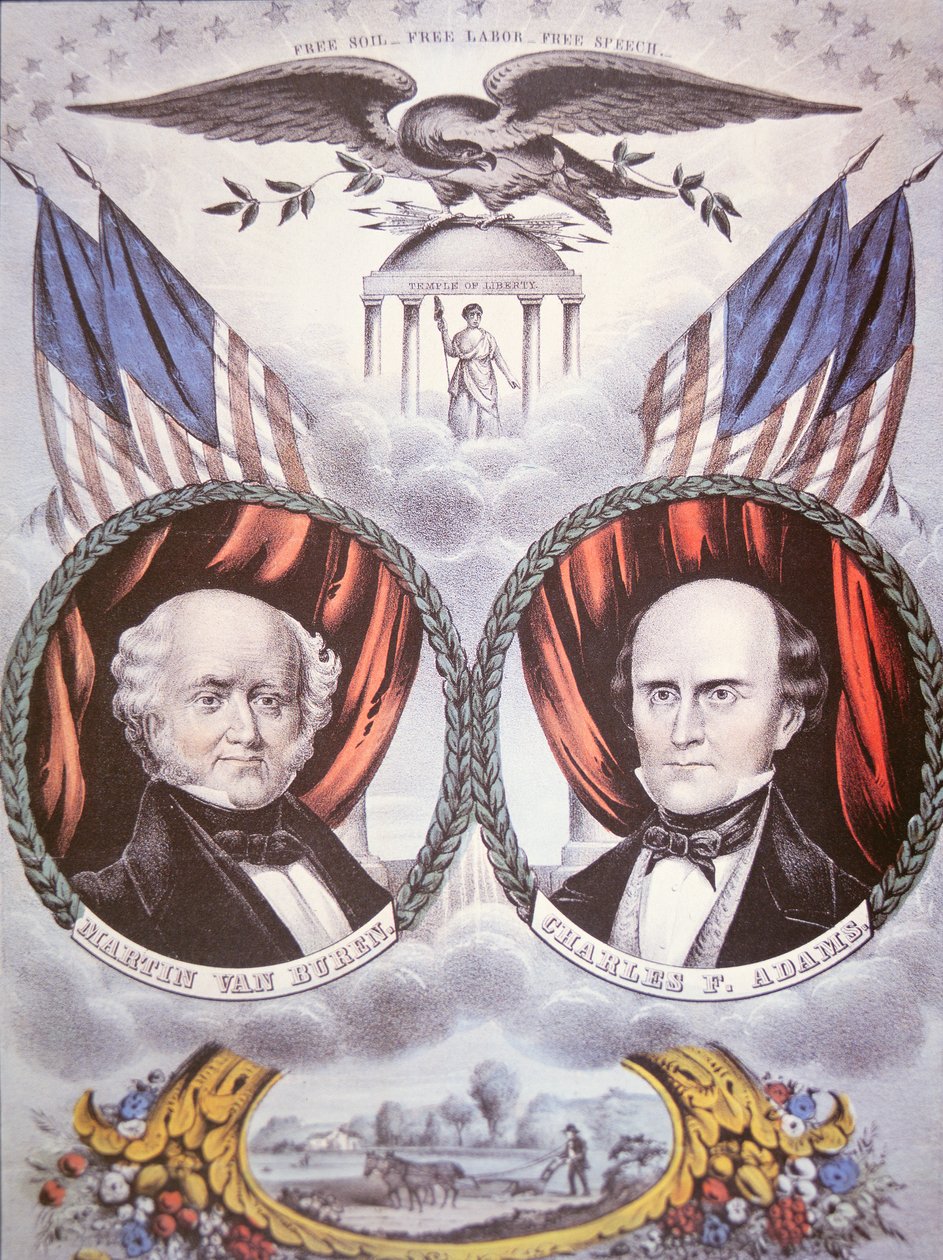 Cartaz da campanha presidencial representando Martin van Buren (1782-1862) e Charles F. Adams (1807-86) para o "Free Soil Party". de American School