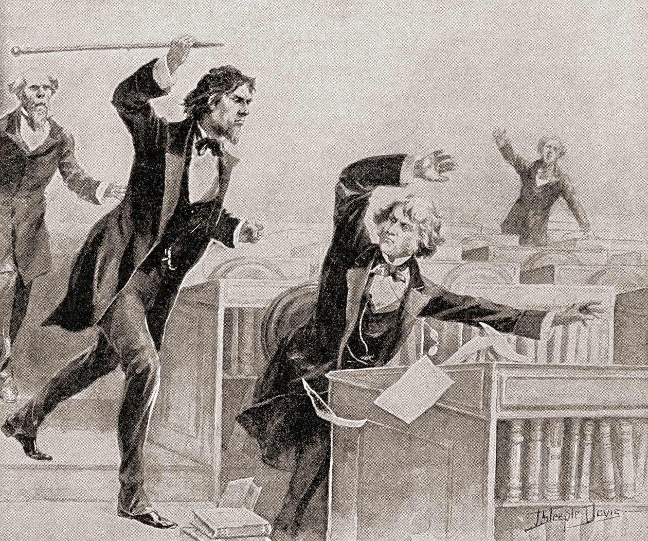 Preston Smith Brooks, um fervoroso defensor da escravatura, agride o senador Charles Sumner, um abolicionista, com uma bengala no Senado dos Estados Unidos, em 22 de maio de American School