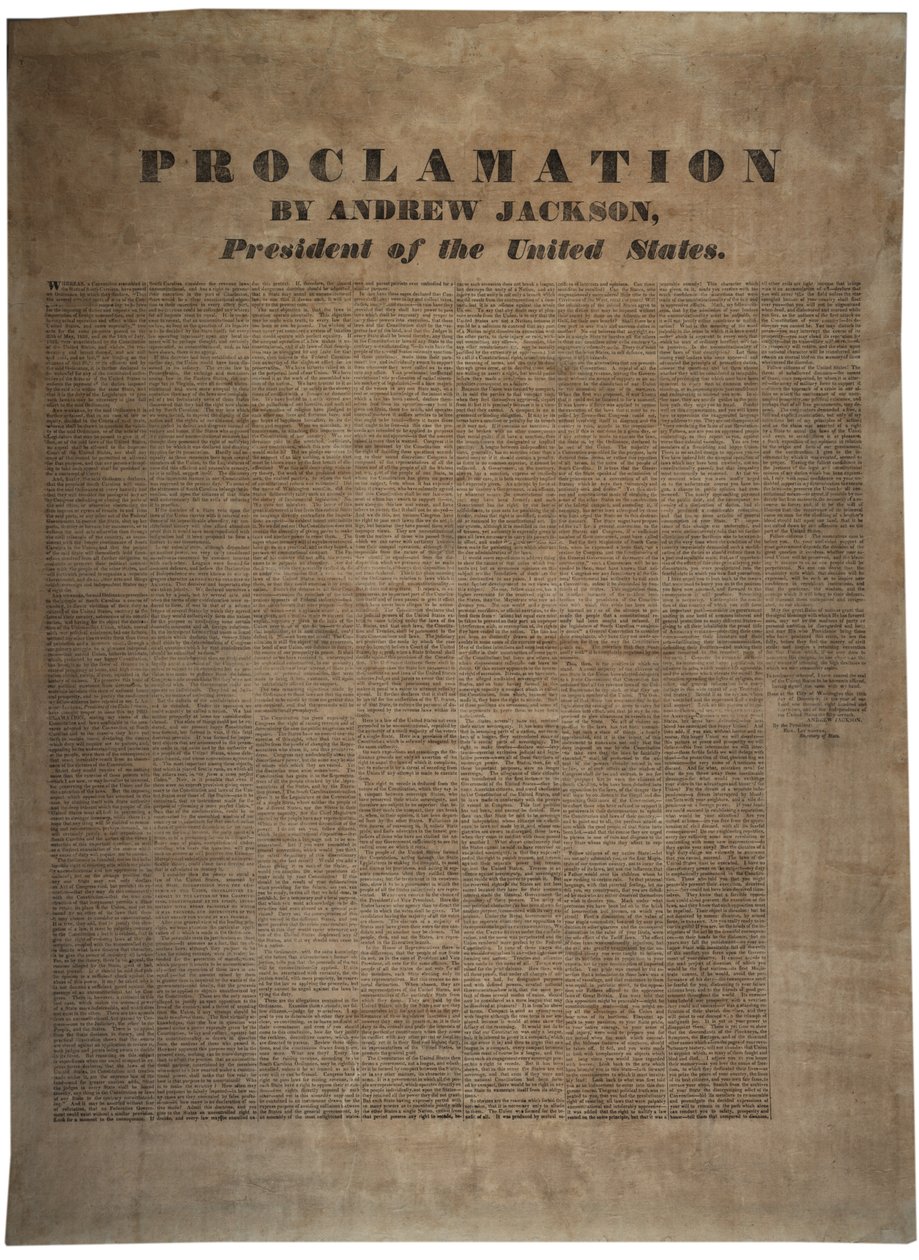 Proclamação por Andrew Jackson (1767-1845), Presidente dos Estados Unidos, 10 de dezembro de 1832 de American School