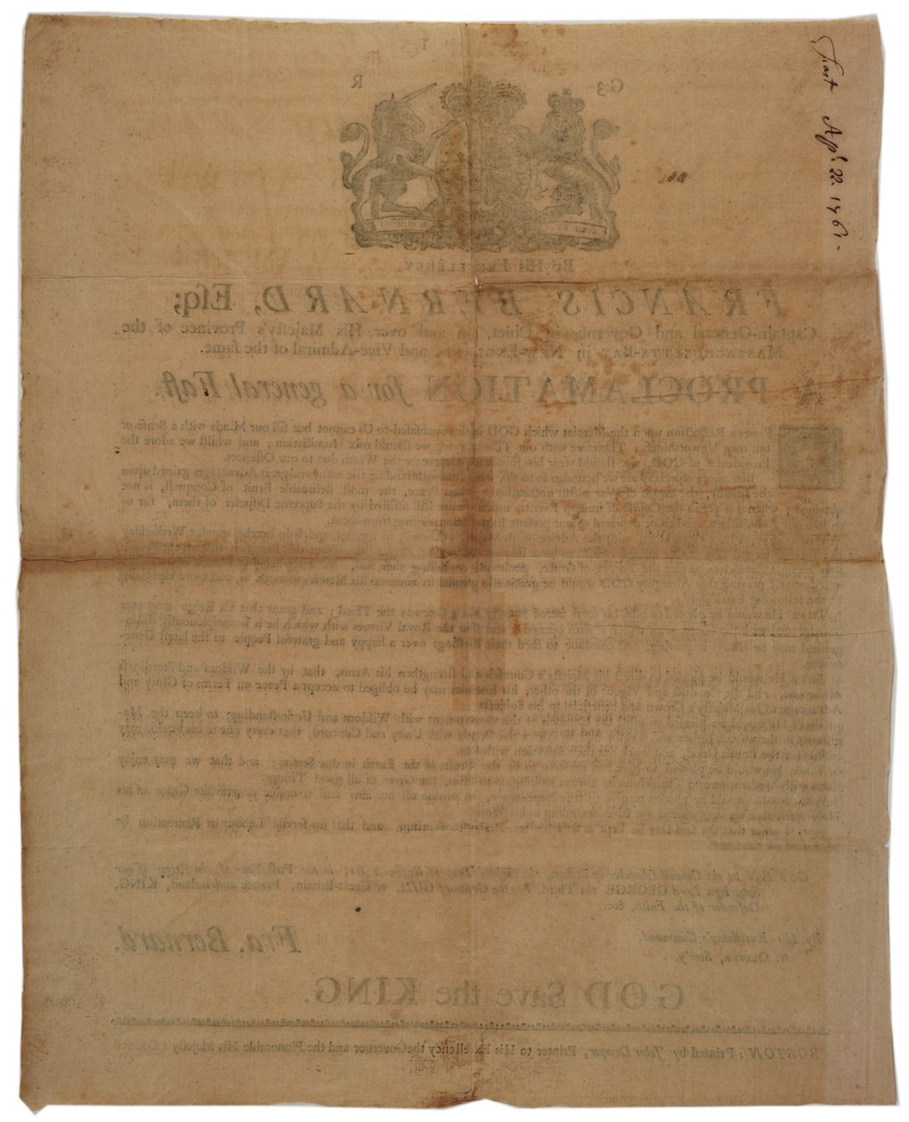 Proclamação em nome de Francis Bernard, Governador da Baía de Massachusetts: anunciando um dia de jejum durante a Guerra Francesa e Indiana, 8 de abril de 1761 de American School