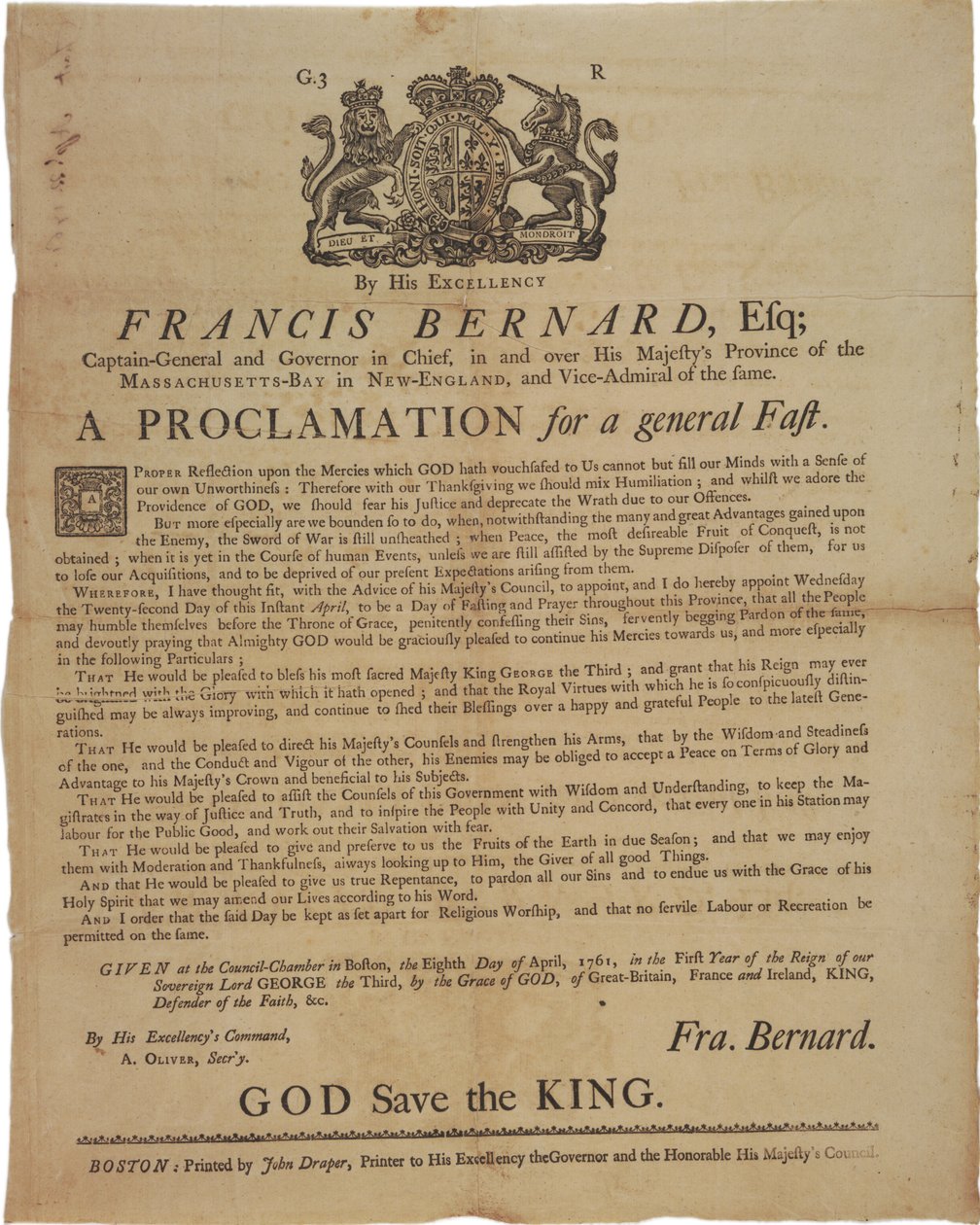 Proclamação em nome de Francis Bernard, Governador da Baía de Massachusetts: anunciando um dia de jejum durante a Guerra Francesa e Indiana, 8 de abril de 1761 de American School