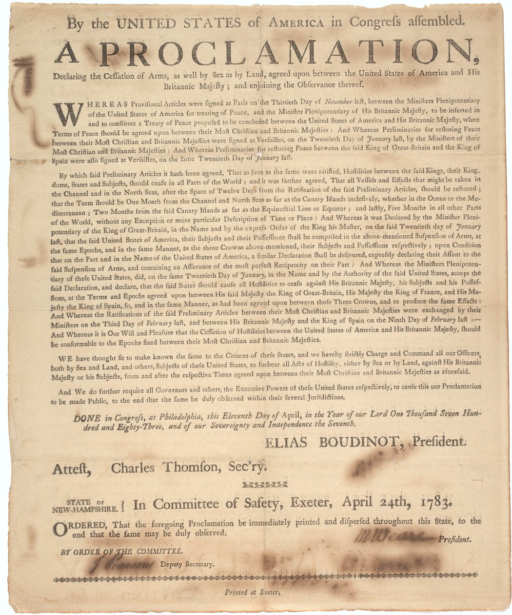 Proclamação do Congresso declarando cessação de armas e fim da guerra, 24 de abril de 1783 de American School