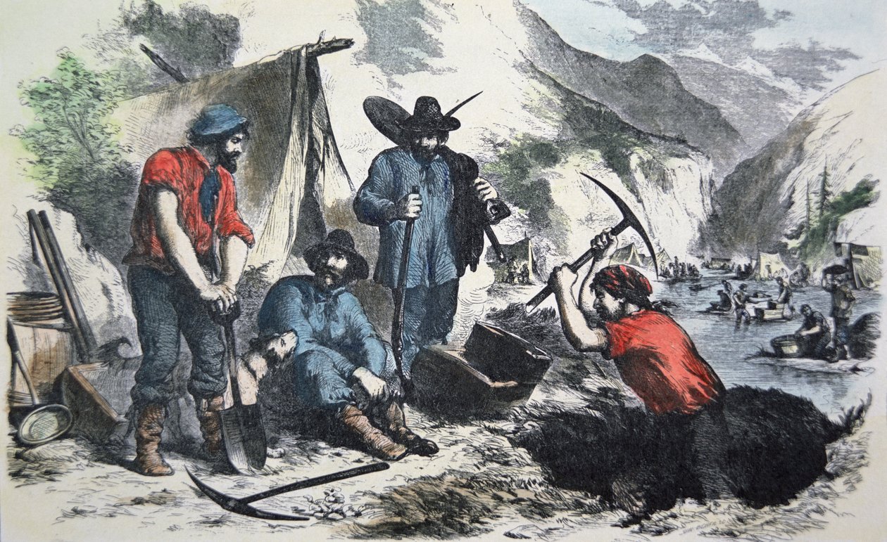 Prospectadores durante a Corrida do Ouro Californiano de 1849 (cor litho) de American School