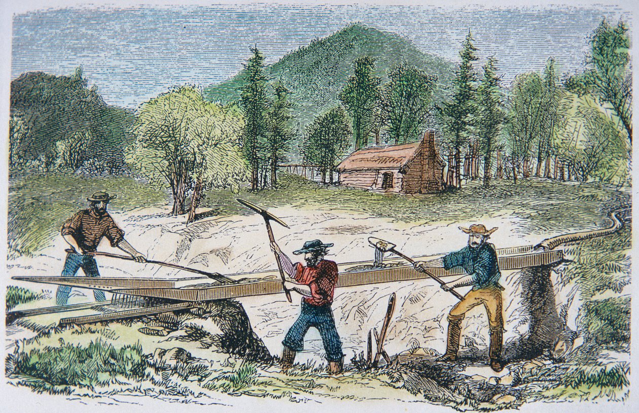 Prospectadores usando uma eclusa durante a Corrida do Ouro da Califórnia de 1849 (cor litho) de American School