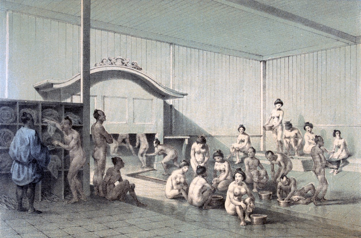 Banho público em Simoda, 1856 (aquatinta colorida) de American School
