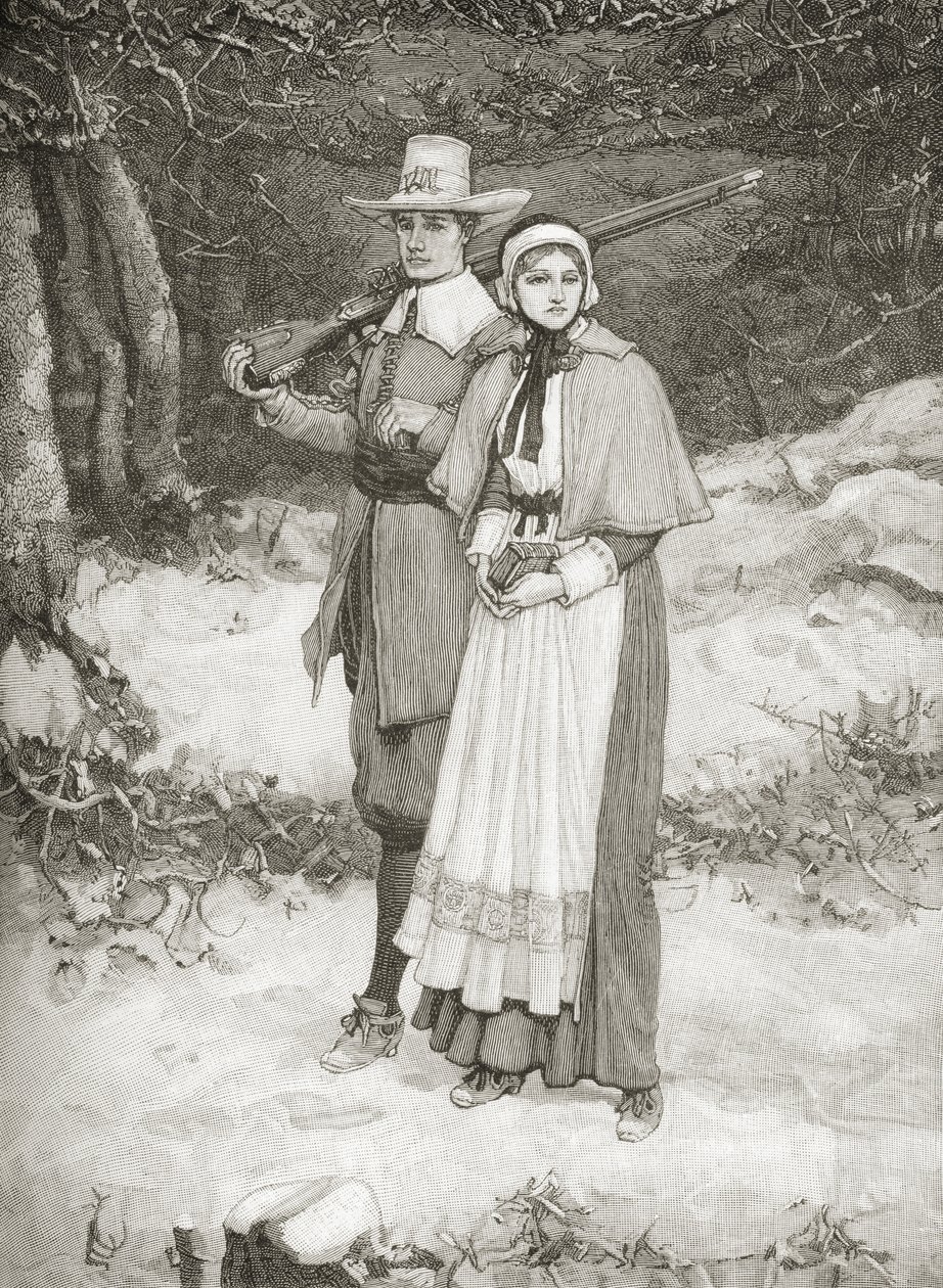 Puritanos indo à igreja, de "Uma Breve História dos Estados Unidos", publicado pela AS Barnes und Co. em 1885 de American School