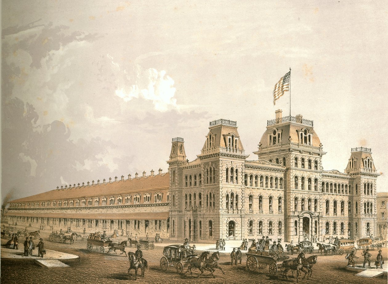 Railroad Depot, da Chicago Illustrated, com descrições literárias de James W. Sheahan, publicado por Jevne & Almini, Chicago, 1866-67. de American School