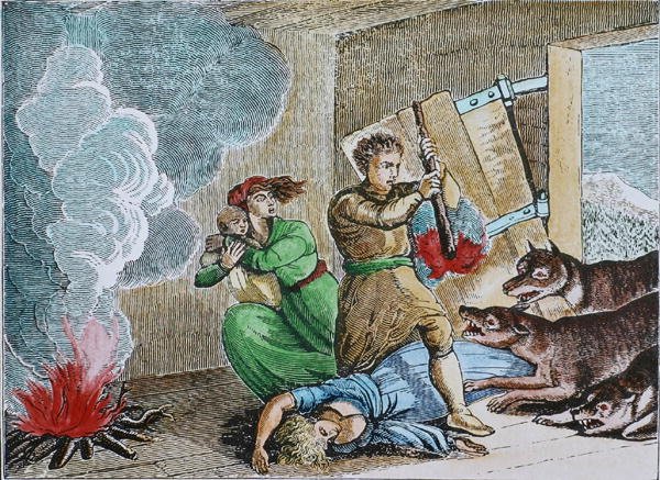 Lobos corvos invadem a cabine de um pioneiro (gravura colorida) de American School