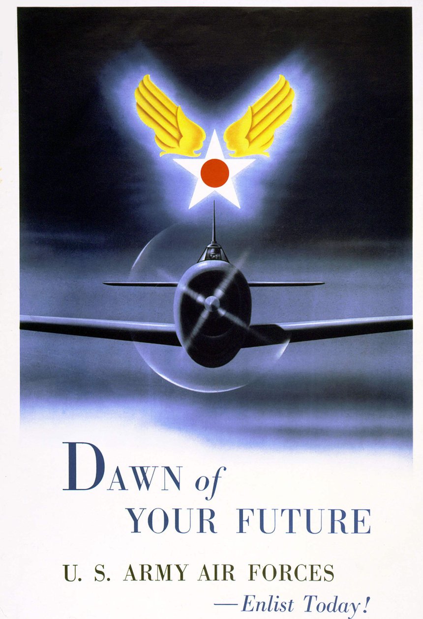Cartaz de recrutamento para "Forças Aéreas do Exército dos EUA". de American School
