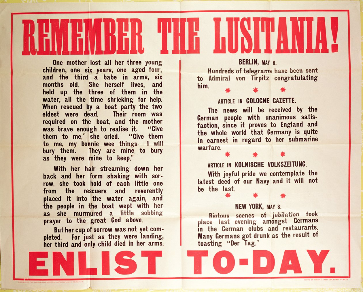 "Cartaz de recrutamento da Primeira Guerra Mundial "Remember the Lusitania de American School
