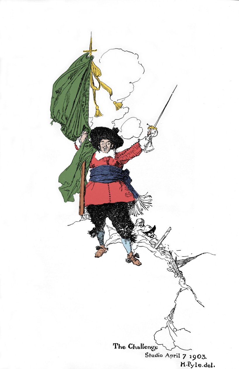 Representação de um pirata lançando um desafio - No "Livro dos Piratas Bucaneiros e Maroonheiros do Principal Espanhol" de Howard Pyle (1853 - 1911), ilustrador americano - 1903 de American School