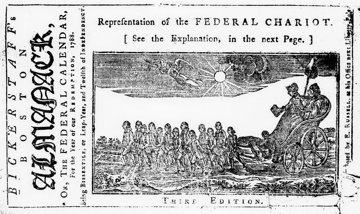 Representação da carruagem federal, ilustração de capa de Bickerstaffs Boston Almanack, publicado em 1788 de American School