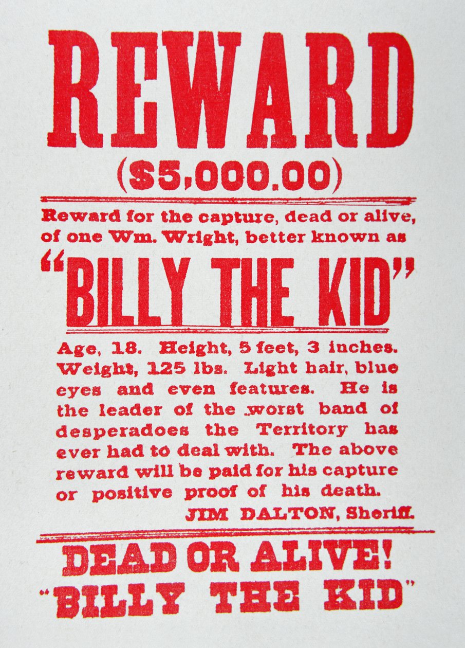 Poster de Recompensa para Billy the Kid (1859-81) (litho) de American School