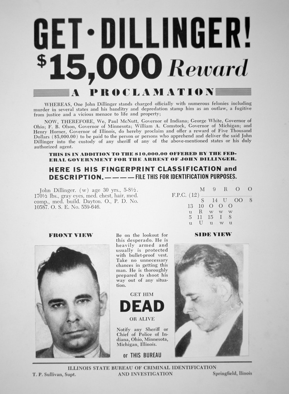 Cartaz de recompensa para John Dillinger de American School