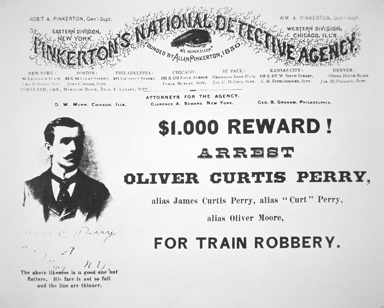 Cartaz de recompensa pela prisão de Oliver Perry emitido pela Agência Nacional de Detectives Pinkerton de American School