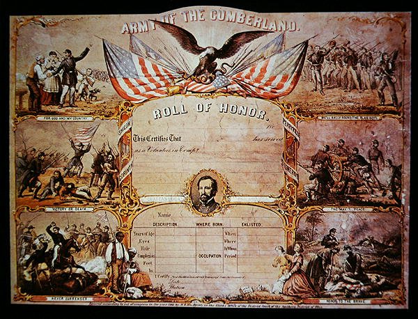 Certificado de honra emitido aos homens que serviram no Exército Federal de Cumberland de American School