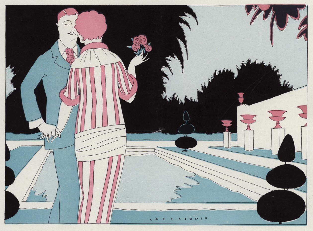Casal romântico de mãos dadas junto à piscina, uma cena do conto "Prospective Honeymooners" de J. A. Waldron (litografia a cores) de American School