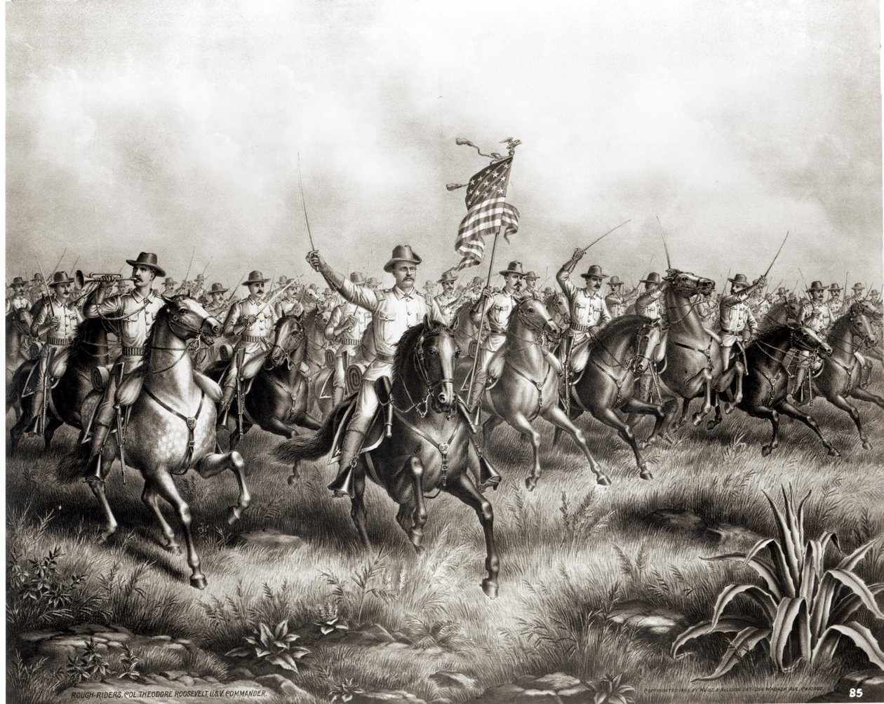 Rough Riders: Coronel Theodore Roosevelt, Comandante dos EUA em San Juan Hill, Santiago, Cuba, 1898 de American School