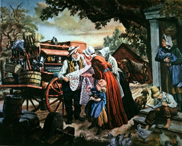 A América rural no século XIX: o vendedor ambulante de bens domésticos (cor litho) de American School